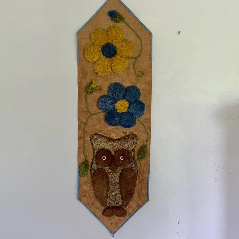 Owl Wall Hanging Vintage Punch‎ Needle Tufted Yarn Burlap Boho 70s Art 42x13